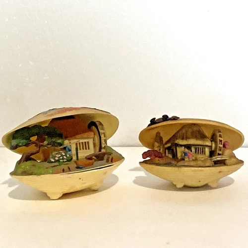 Carved Japanese Carved in Clamshell Diorama Netsuke moving Water Wheel miniature