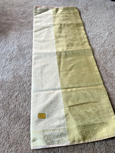 Indian Women's NEW Brocade Artificial Silk Sari OFF WHITE w/ Golden Border 1017 - Picture 2 of 9