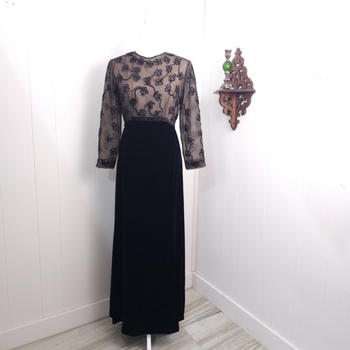 VTG 60s Black Velvet Sequin Illusion Net Lace Evening Long Maxi Dress Emma Domb - Picture 2 of 24