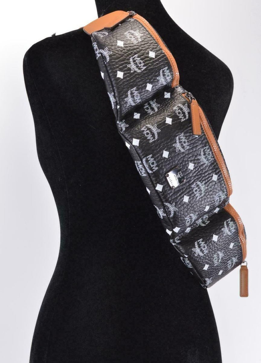 New MCM 695 Black Coated Canvas Visetos Large 3 Pocket Sling Crossbody Bag eBay