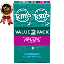 Tom’s of Maine Antiplaque and Whitening Fluoride Free Toothpaste, Peppermint, 2