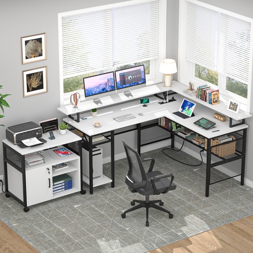 L Shaped Gaming Desk Reversible Corner Computer Desk with Power Outlet&Led Strip - Picture 2 of 10