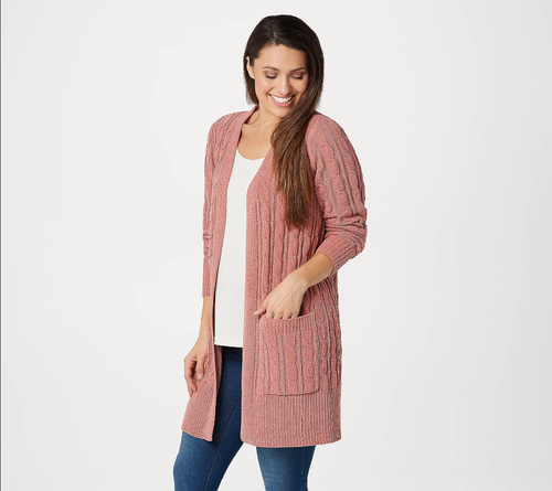 Denim \u0026 Co. Chenille Open-Front Cable 