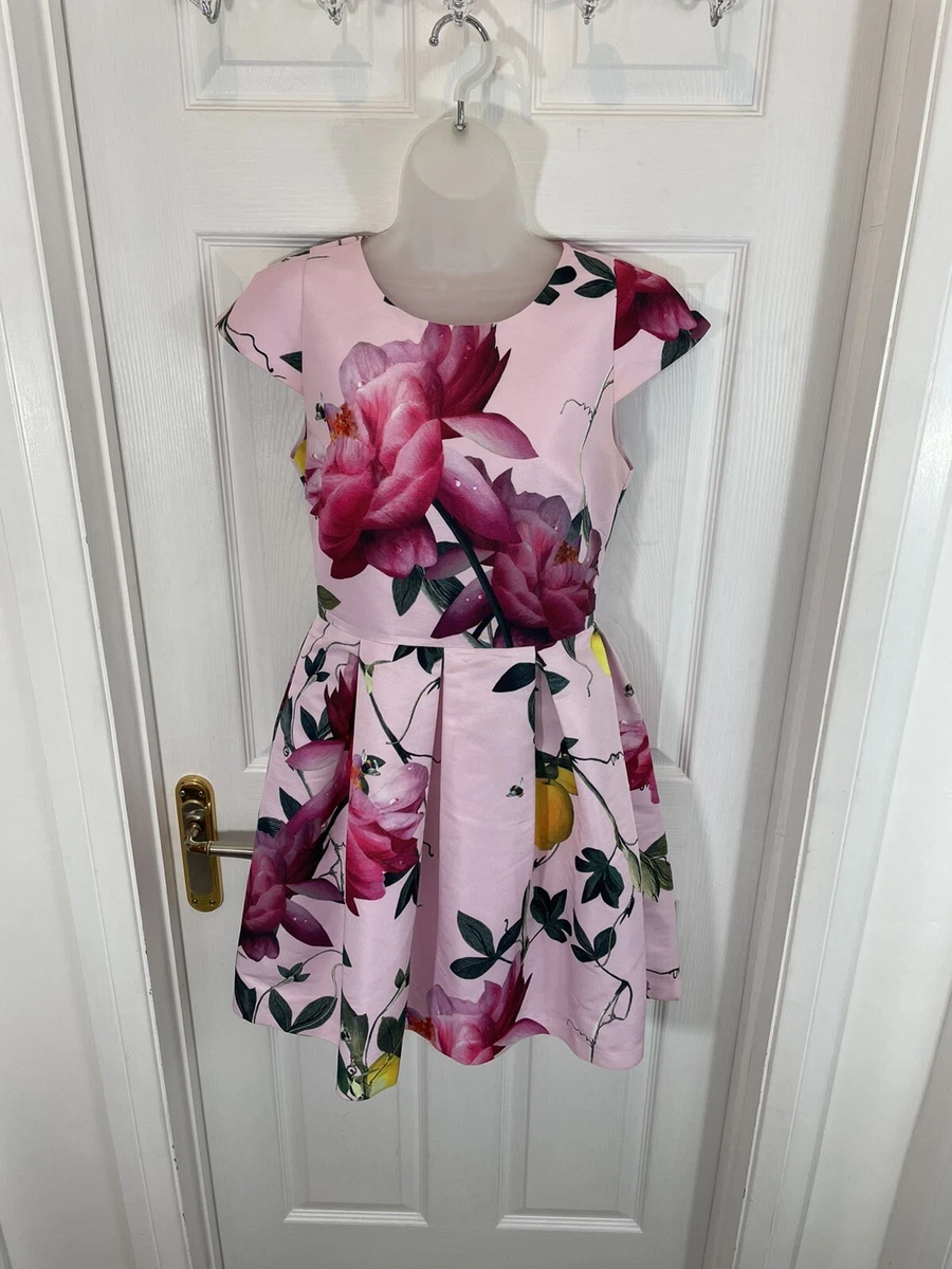 Ted Baker Tillea Pink Floral Print Cap Sleeve Prom Dress Size 1 Uk 8 | Ebay