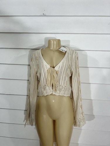 New ZARA Woman Beige Contrast Crop Knit Cardigan Ribbon Long Sleeve Size S Y891 - Picture 14 of 24