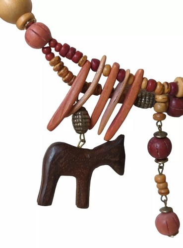 Vintage Fetish Necklace Carved Wooden Tribal Beaded Bear Turtle Horse Boho - Afbeelding 7 van 10