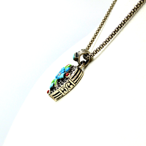 Vtg Sterling Silver Heart Pendant Necklace with Turquoise, Coral, & Amethyst - Picture 2 of 12