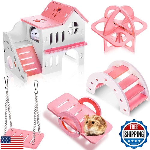 Skylety 5 Pcs Hamster Toys Include Wooden Accessories Hamster House Guinea Pi