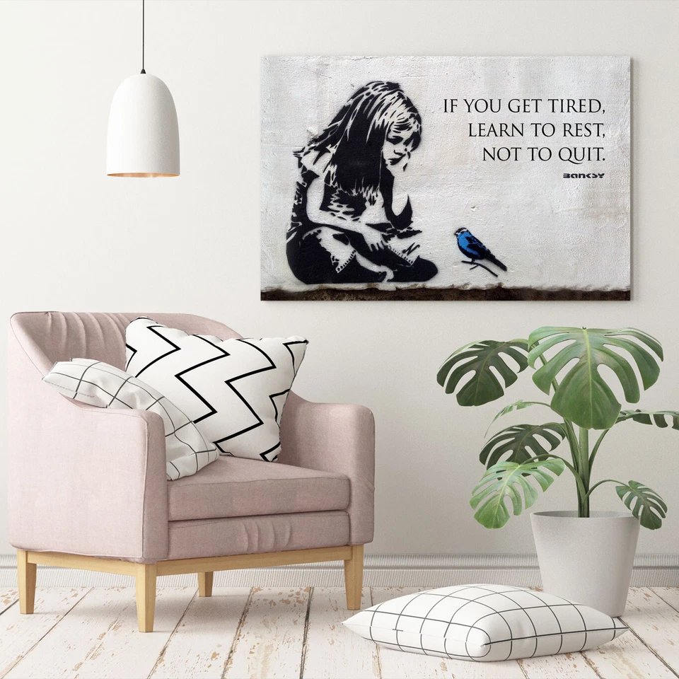BANKSY GIRL BLUE BIRD QUOTE LEARN TO REST CANVAS WALL STREET ART PRINT GRAFFITI - Image 3 of 4