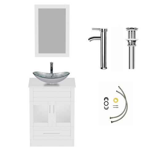 24" Modern Weiß Badezimmer Waschtisch mit Waschbecken Glasbecken mit Wasserhahn Pop Up Ablauf - Bild 22 von 64