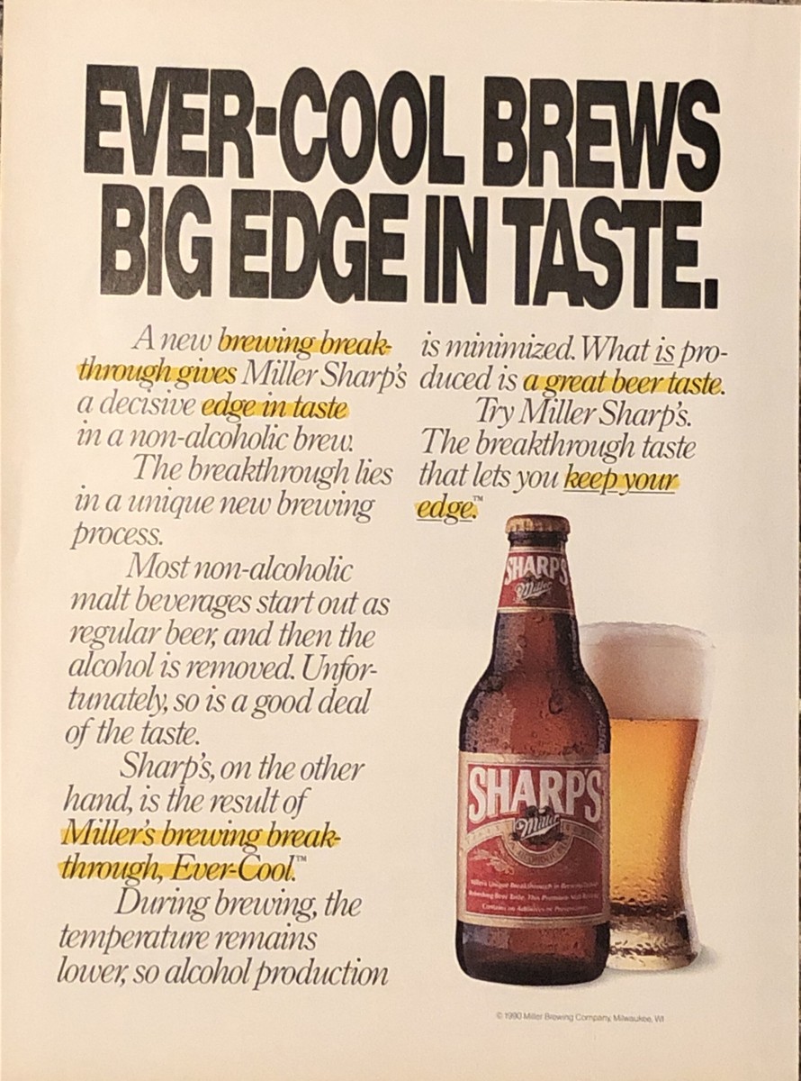 1990 Miller Sharps Non-Alcoholic Beer PRINT AD Ever-Cool Big
