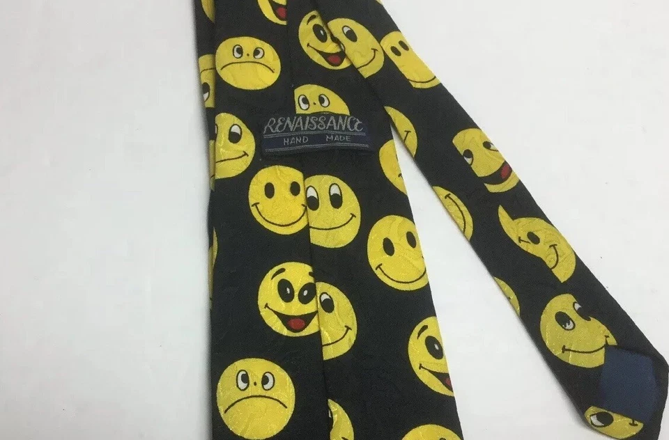 Corbata emoji cara sonriente profesor novedad seda hecha a mano renacimiento Foto 4 de 4