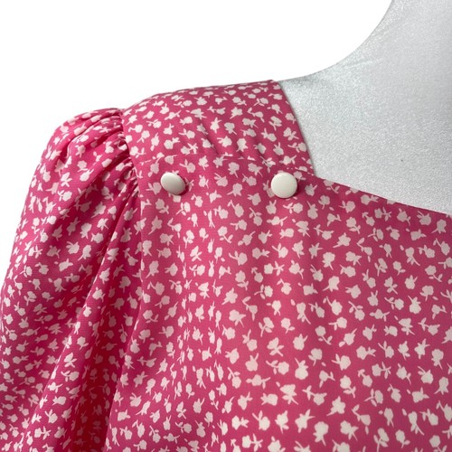 Vintage 90s Pink Floral Blouson Pleated Dress M Puff Sleeve Granny Defect USA - Picture 4 of 10