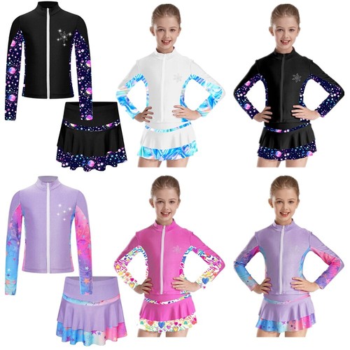 Kids Girl's Sport Suits Printed Top And Skirts Long Sleeve Active Swimwear Yoga - Picture 4 of 47