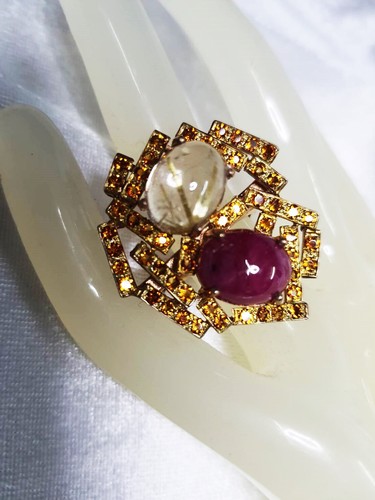 Ring NATURAL red RUBY CITRINE 925 STERLING SILVER Bird Egg women jewel Size 7.5 - Picture 2 of 10