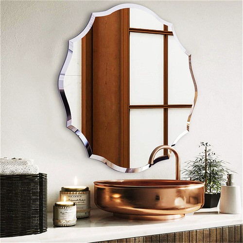 Scalloped Edged Oval Wall Mirror Frameless Wide Beveled Statement Accent Decor - Picture 5 of 16