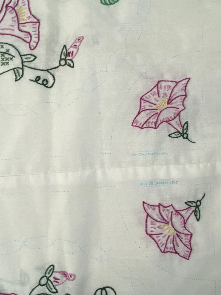 Vintage Embroidered Flowers White Embroidered 57x37" Linen Bed Quilt Block Panel - Image 4 of 4