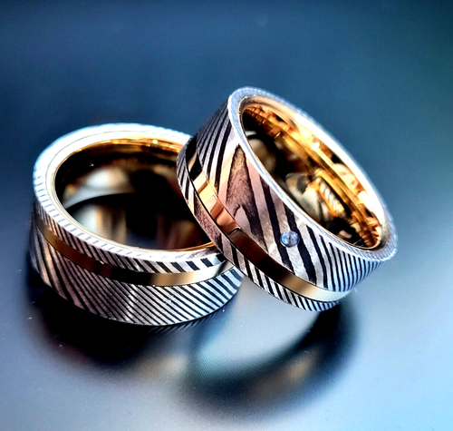 Damast Eheringe Damaszener Damaststahl Topas Diamant Trauring - 第 2/9 張圖片