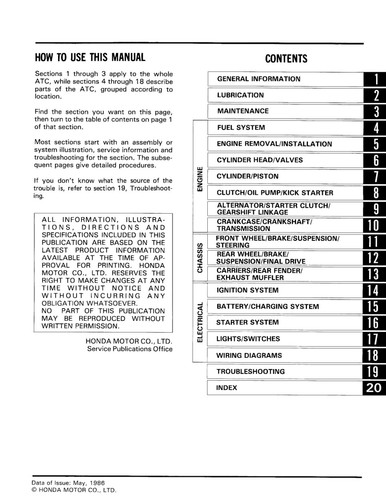 Honda Shop Manual 19885-87 ATC 250ES - Imagen 2 de 9
