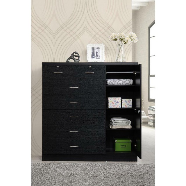 7 Drawer Black Chest Storage Removable Shelf Lockable Bedroom