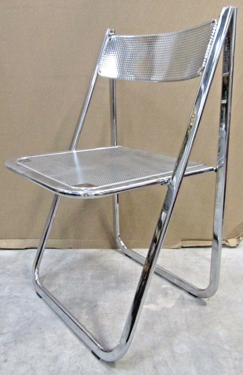 Matched Pair of Perforated Chrome Tamara Folding Chairs from 