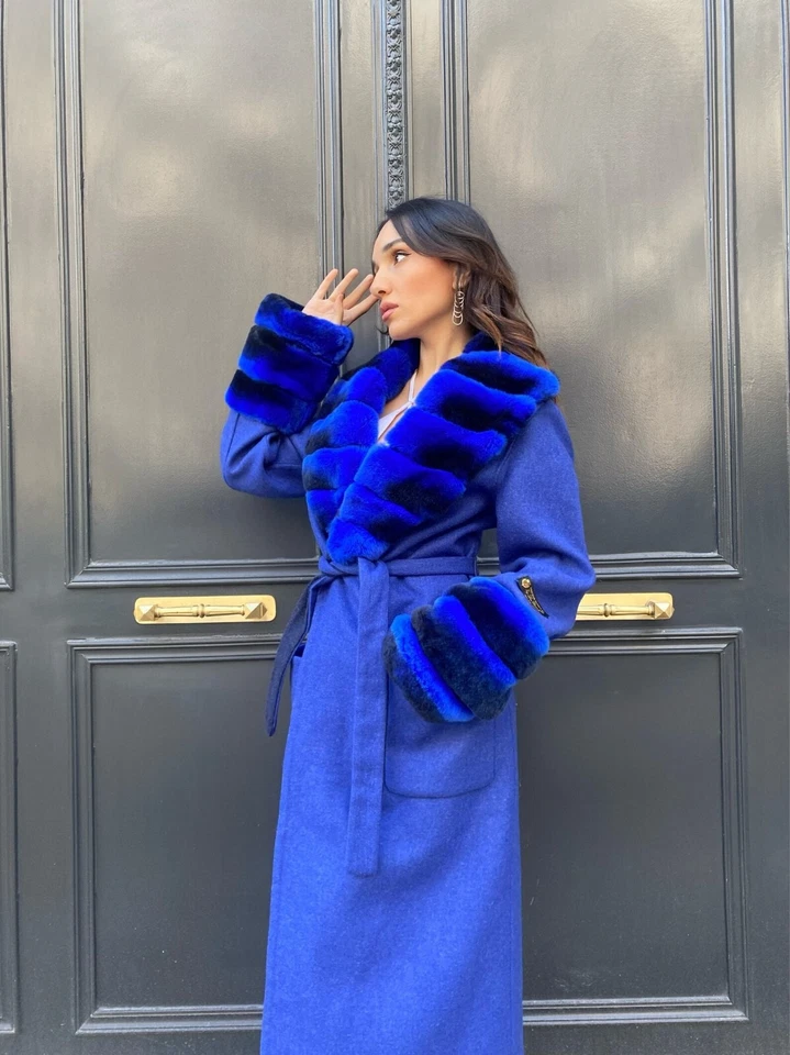 Casaco de inverno feminino 100% alpaca Rex pele de coelho longo macio elegante azul - Imagem 2 de 4