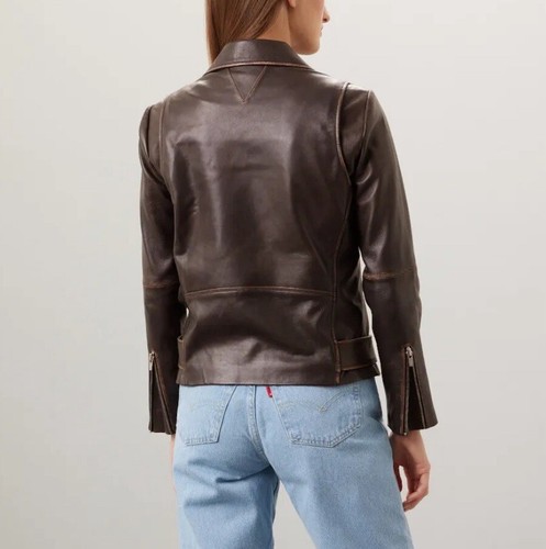 VEDA Leather Jacket Women Small Brown Distressed Worn Moto Full Zip Biker - Picture 2 of 14