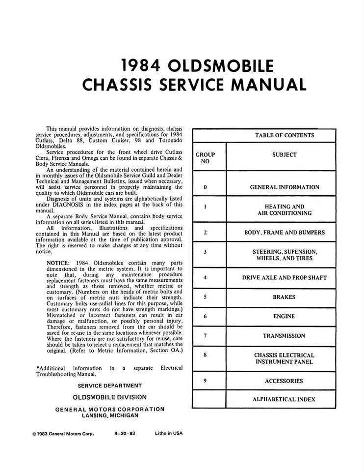 Oldsmobile Shop Manual 1984 - Cutlass Supreme, Delta 88, 98, Toronado Foto 2 de 4