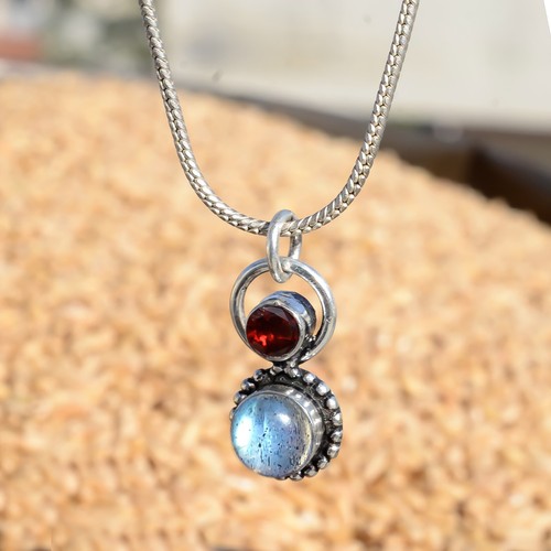 Labradorite & Faceted Garnet Gemstone 925 Sterling Silver Pendant Woman Jewelry - Picture 4 of 6