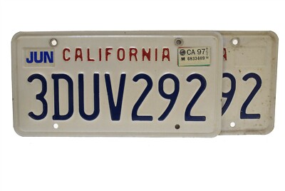 California License Plate White Blue 3DUV292 - PAIR | eBay