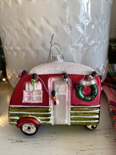 Camper Trailer RV Christmas Ornament Glass Retro Pink Green Christmas Lights NEW - Picture 2 of 6