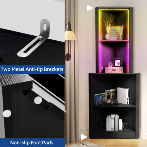 64.2"H 5 Tier Corner Shelf w LED Light Bookcase Storage Display Rack Living Room - Picture 4 of 16