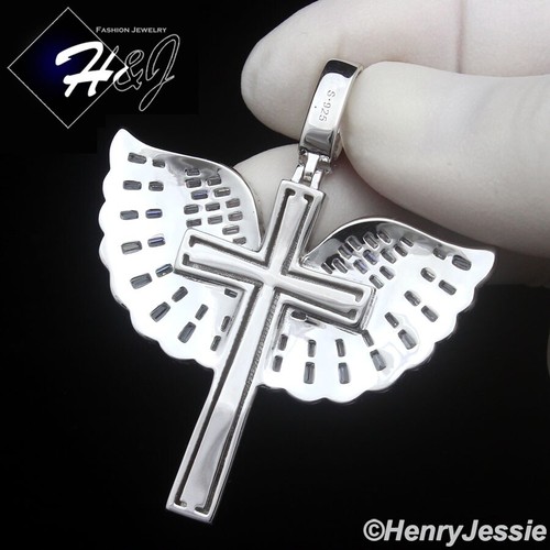 925 STERLING SILVER ICY BAGUETTE CZ GOLD PLATED/SILVER 3D WING CROSS PENDANT*519 - Picture 4 of 10