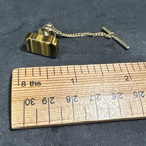 Vintage Retro Tie Tack Pin Stud Tigers Eye Type Banded Brown Stone Gold Tone - Picture 8 of 8