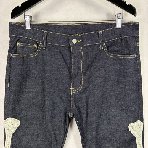 MNML Skeleton Jeans Mens 36x33 Stretch Bones Patch Straight Leg Dark Wash Stitch - Picture 3 of 12