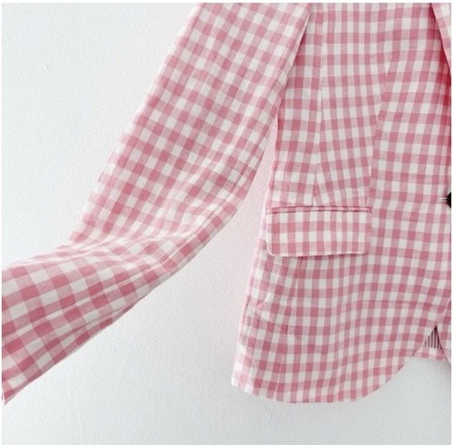 💥J Crew Tg 10 Campbell Giacca Blazer 100% Lino Quadri Rosa e Bianco - Foto 5 di 12