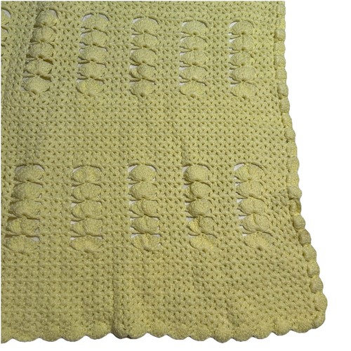 Handmade Crochet Afghan Pastel Yellow Scalloped Edges 33x56 Vintage Rectangular - Picture 2 of 7