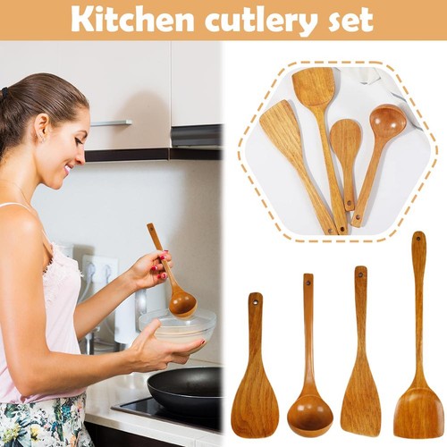 4-teiliges Küchenbesteckset aus Holz zum Kochen und Servieren für Antihaftpfannen - - Bild 4 von 13