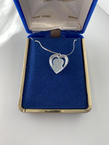 Vintage Blue Heart Pendant Necklace Silver Tone Costume Jewelry 17” With box - Picture 2 of 4