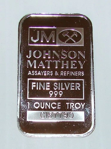 JM Johnson Matthey Vintage Silver Bar 1 OZ Troy Ounce .999 Bullion C157790