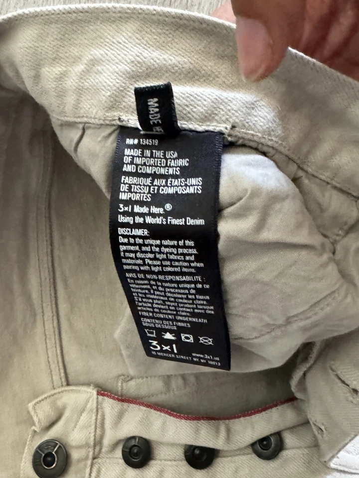 Pantalones de mezclilla 3x1 NYC ajustados 34x32 elásticos arena beige hechos en EE. UU. Ribete Foto 3 de 4