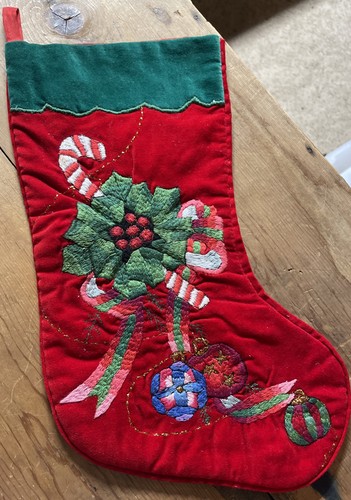 Vintage Christmas Stocking 15” Candy Cane Holly etc Embroidery On Velveteen - Picture 10 of 10