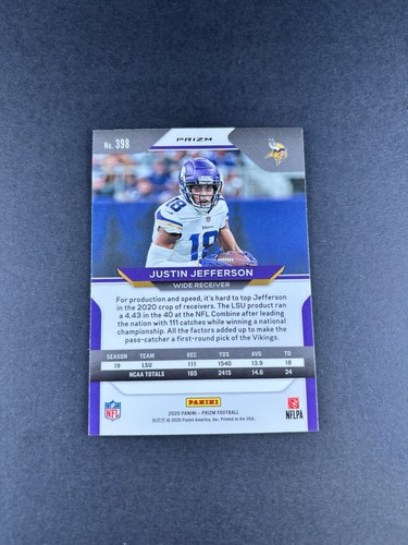 2020 Panini Prizm Red White Blue Justin Jefferson Rookie RC #398 Vikings - Picture 2 of 2