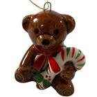 Ceramic Teddy Bear Christmas Ornament Holding Candy Cane Red Scarf Made in Japan