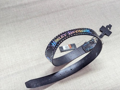 vintage Y2K black HARLEY DAVIDSON buckle belt 34 faux rhinestone SPELLOUT new - Picture 4 of 12