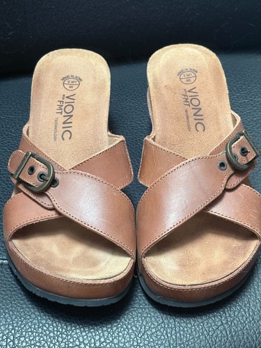 Vionic Mallorca braune Leder Orthaheel Kork Keilabsatz Sandalen Größe UK5