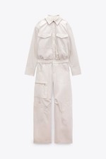 Zara Cotton Cargo Pockets Jumpsuit Beige Size S 2557/244/804 NEW NWT