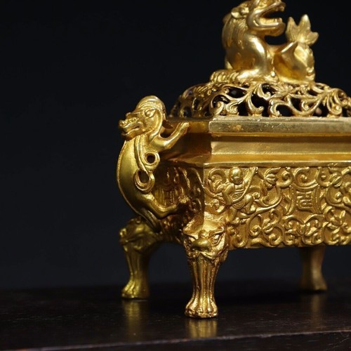 6" Old ming dynasty Bronze gilt xuande mark lion beast double ear Incense Burner - Picture 4 of 9