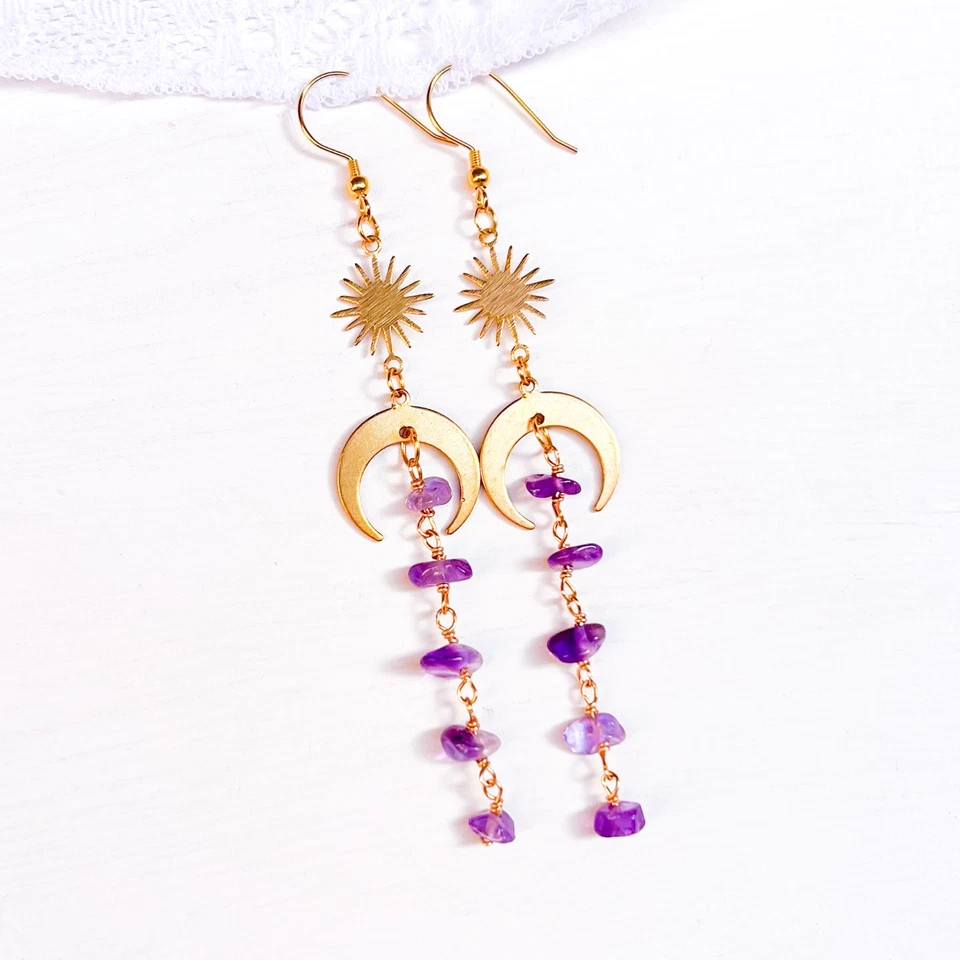 Pendientes colgantes largos de piedras preciosas amatista luna y estrella, fuerza, estabilidad Foto 3 de 4