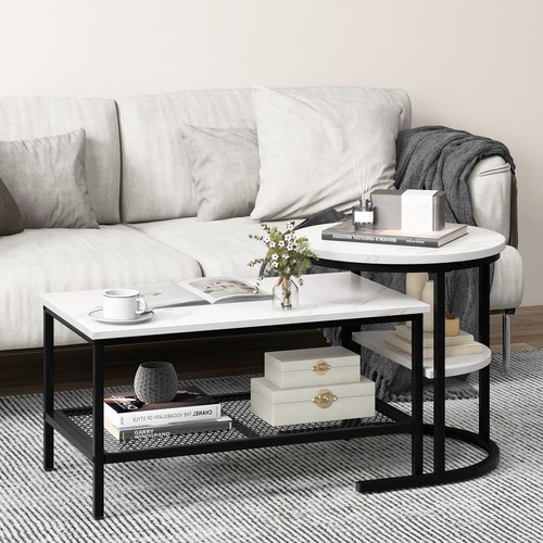 Nesting Coffee Table Set of 2 w/Faux Marble Tabletop Sturdy Metal Frame Black - Picture 4 of 8